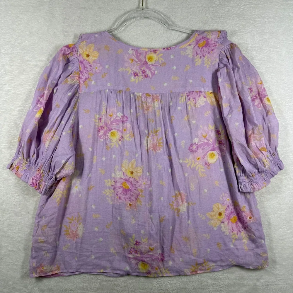 Spell Purple Floral Ruffle V-Neck Blouse Boho Puff Sleeve Top Medium 9562